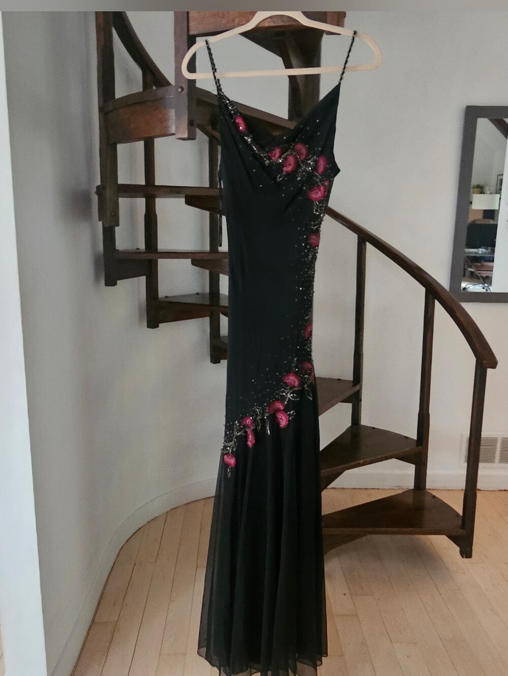 Y2K Black Evening Slip Dress with Pink Floral Embellishment